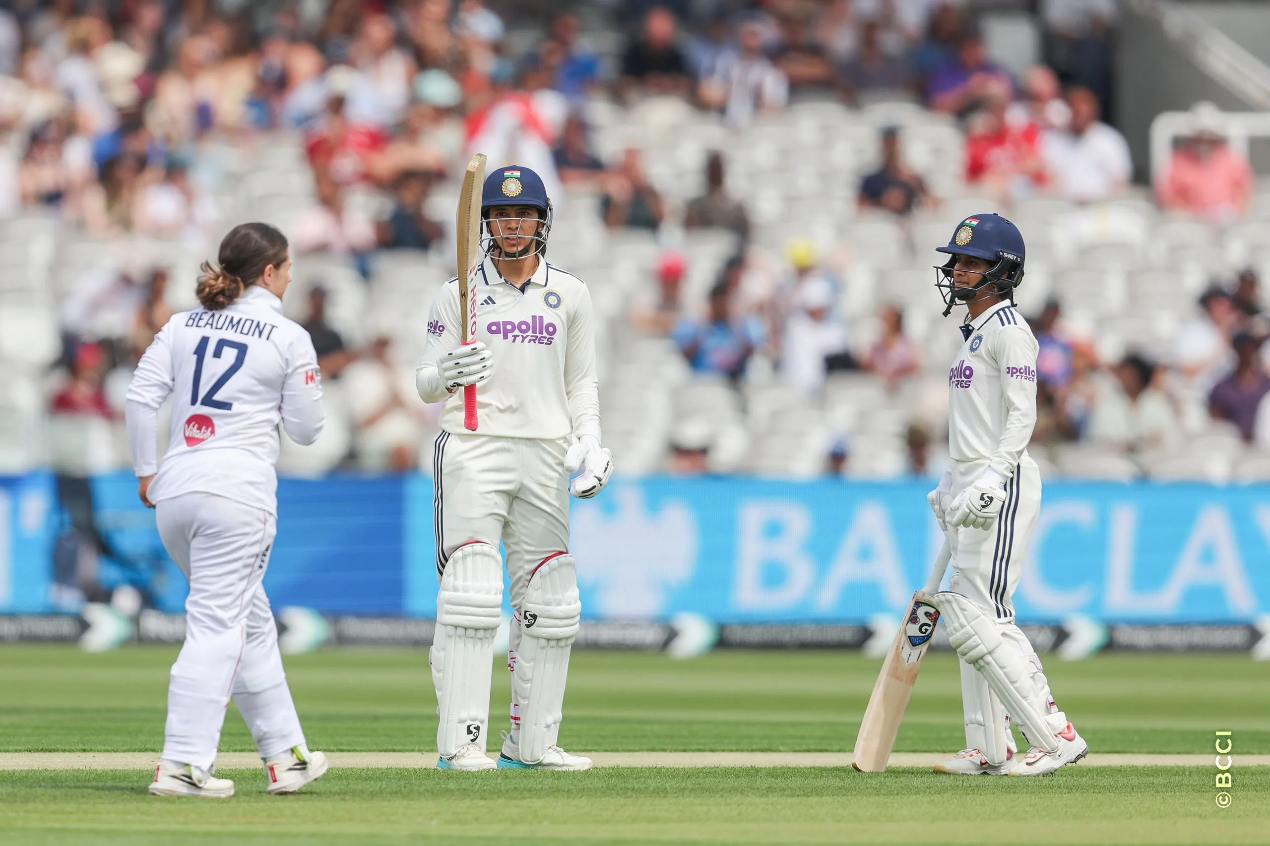 Smriti Mandhana of India celebrates after scoring a fifty during Day 1 of the Only Test match between England Women and India Women at Lord's Cricket Ground, London, England, on July 10, 2026.Photo by Pankaj Nangia / CREIMAS for BCCI
