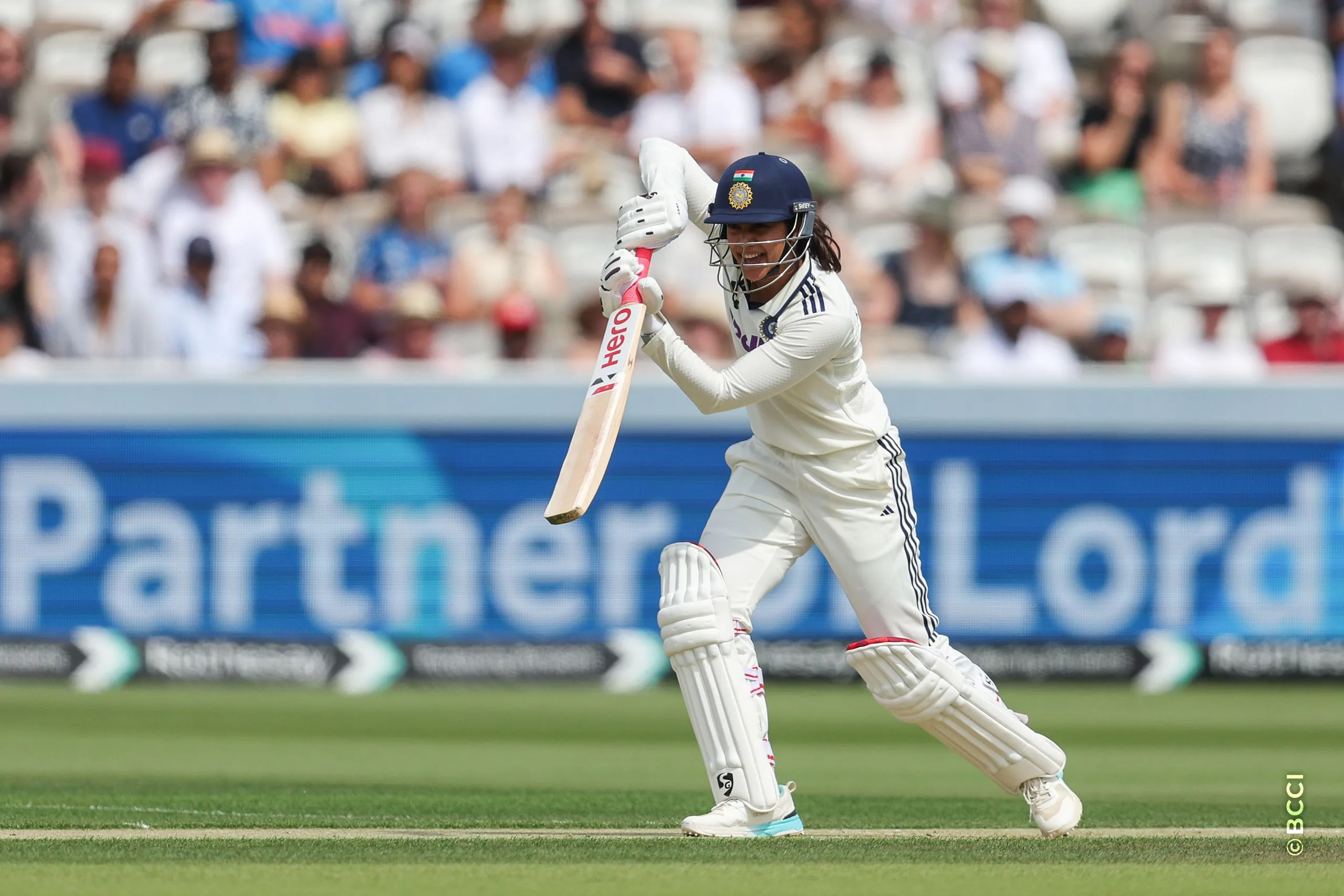 Smriti Mandhana of India plays a shot during Day 1 of the Only Test match between England Women and India Women at Lord's Cricket Ground, London, England, on July 10, 2026.Photo by Pankaj Nangia / CREIMAS for BCCI