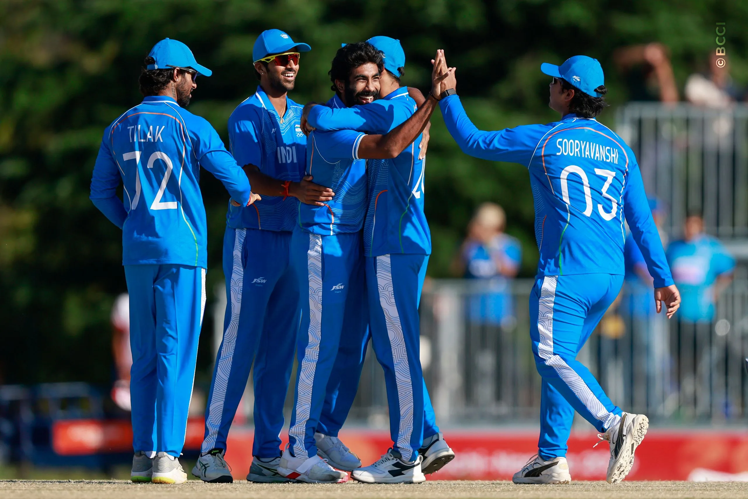 Jasprit Bumrah of India celebrates the wicket of Sineth Jayawardena during the Semi-Final match between the India and the Sri Lanka at Korogi Sports Park, Nisshin, Japan, on October 1, 2026.

Photo:  Deepak Malik / CREIMAS for BCCI