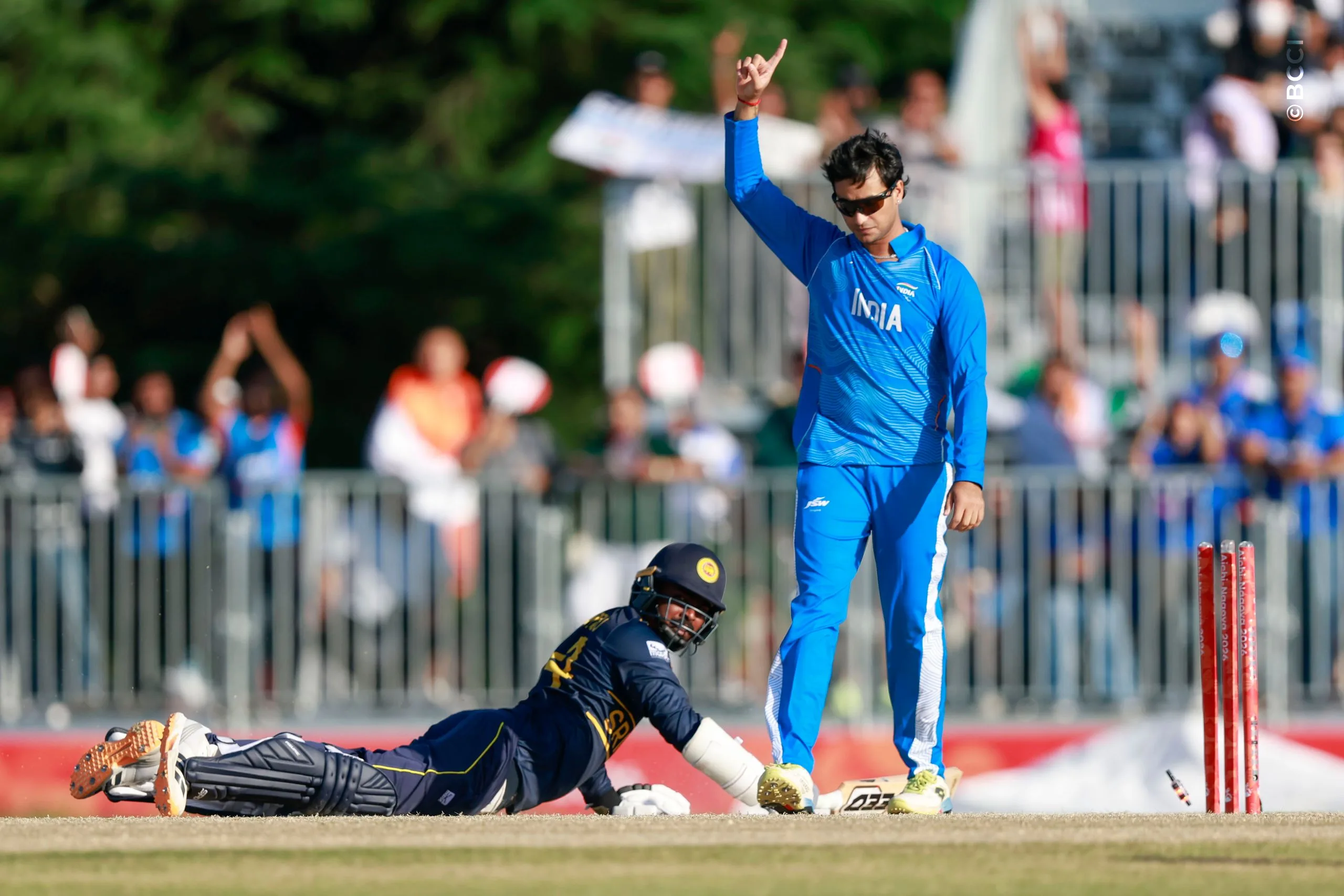 Abhishek Sharma of India celebrates the wicket of Tharindu Ratnayake during the Semi-Final match between the India and the Sri Lanka at Korogi Sports Park, Nisshin, Japan, on October 1, 2026.

Photo:  Deepak Malik / CREIMAS for BCCI