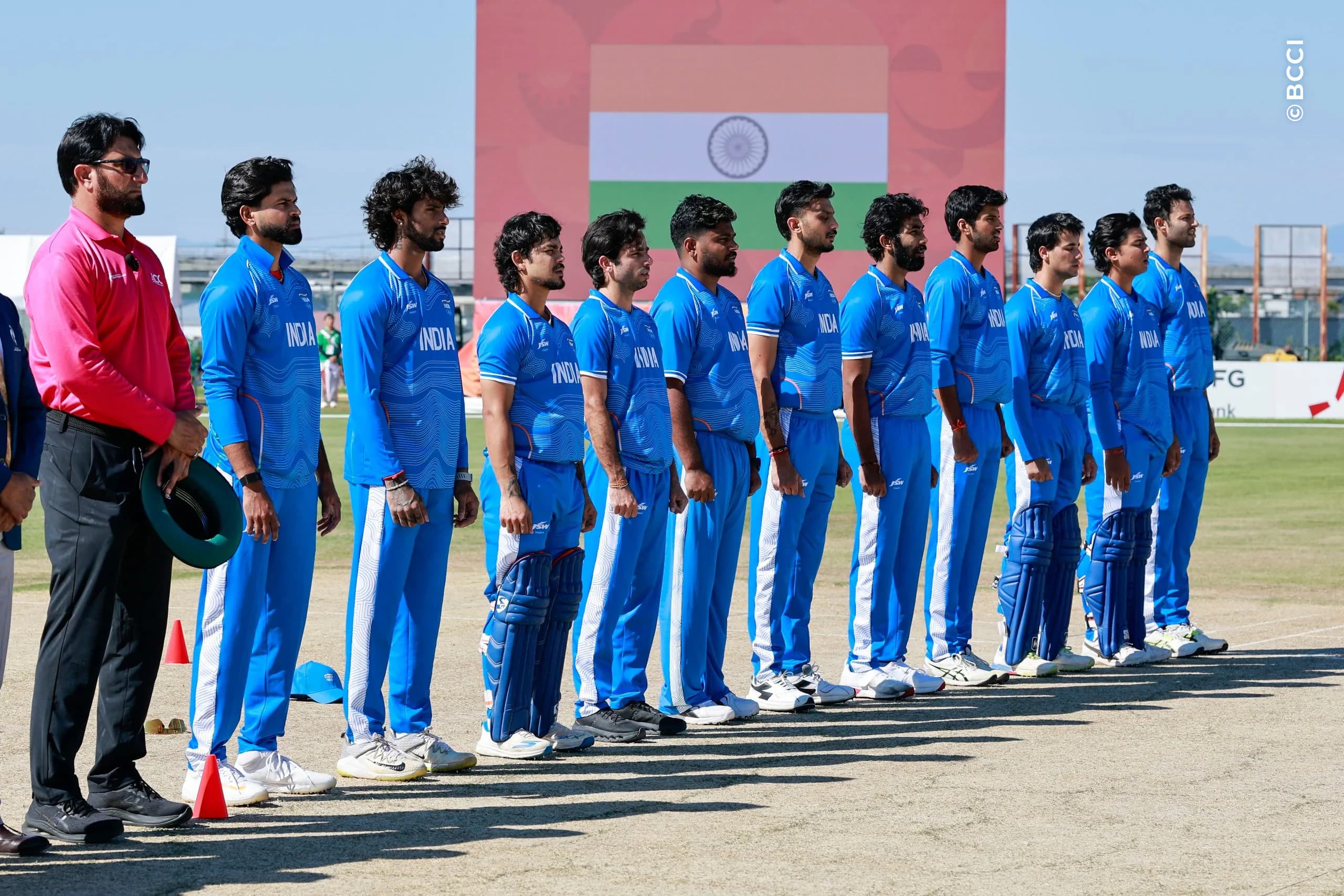 Shreyas Iyer of India with team mates stand for national anthem during the Semi-Final match between the India and the Sri Lanka at Korogi Sports Park, Nisshin, Japan, on October 1, 2026.

Photo:  Deepak Malik / CREIMAS for BCCI